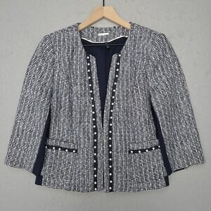 White House Black Market Blazer Womens 10 Blue Tweed Open Front‎ Pearl Trim
